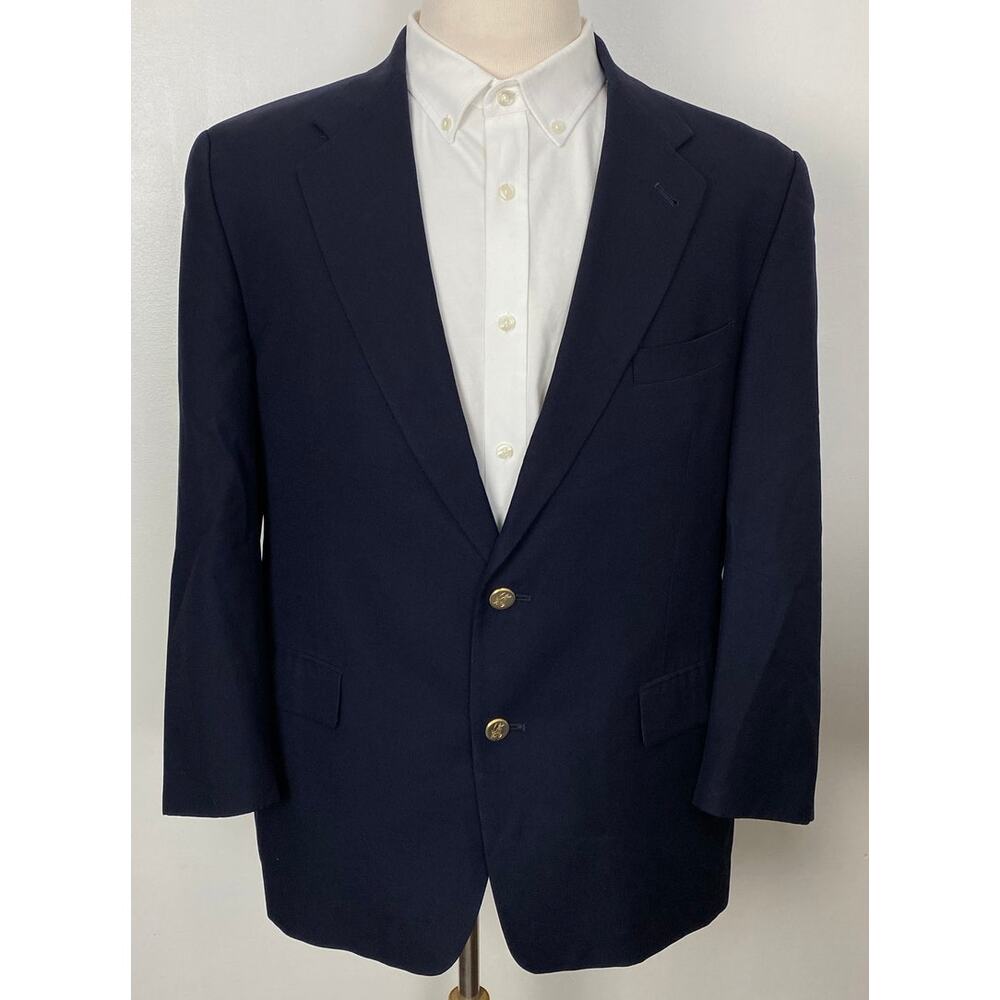 VTG Burberrys USA Union Made gold 2-button logo navy wool blazer, 43S